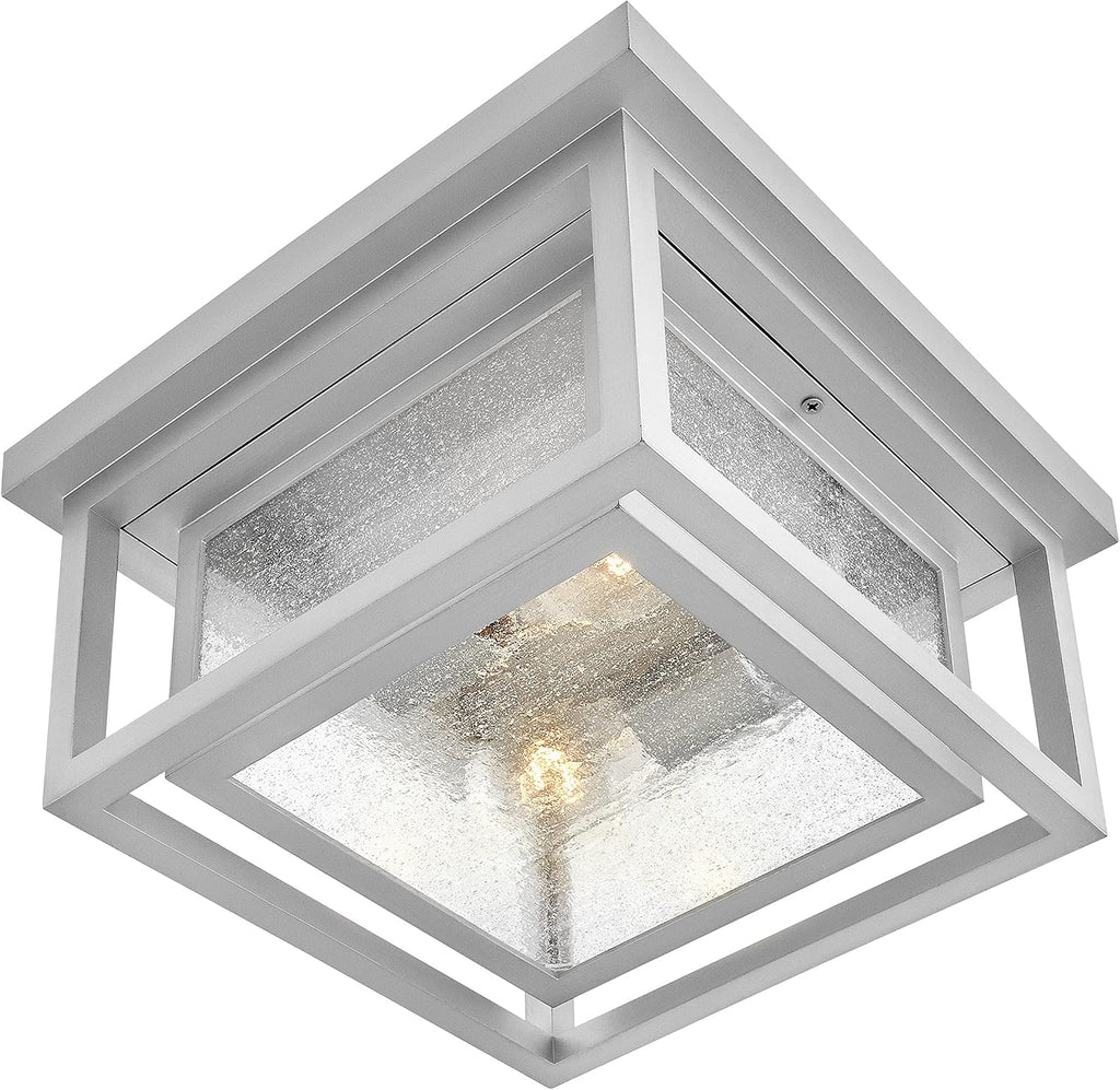 Hinkley Republic Small Flush Mount Outdoor Ceiling Light, Composite, Clear Seedy Glass Panes, Anti-Fading Finish, Satin Nickel Finish