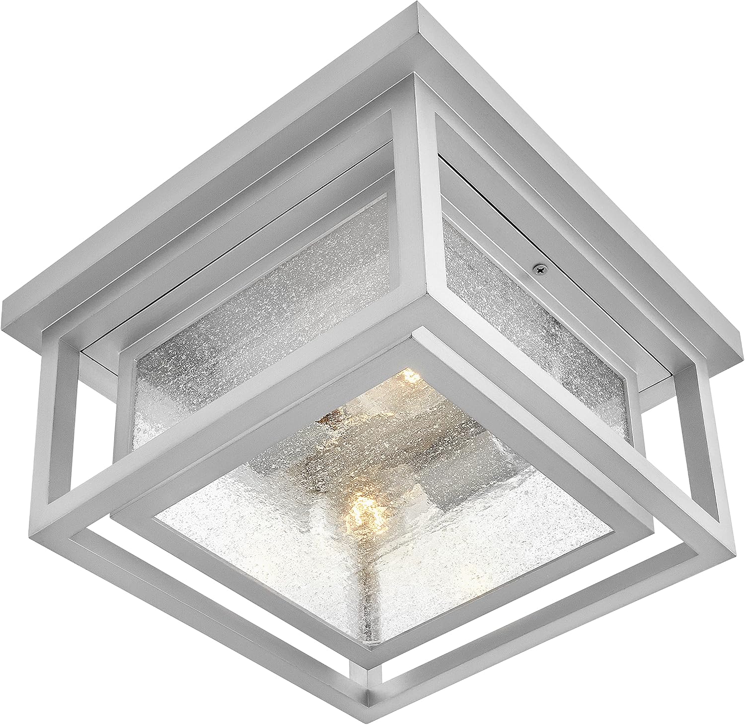 Hinkley Republic Small Flush Mount Outdoor Ceiling Light, Composite, Clear Seedy Glass Panes, Anti-Fading Finish, Satin Nickel Finish
