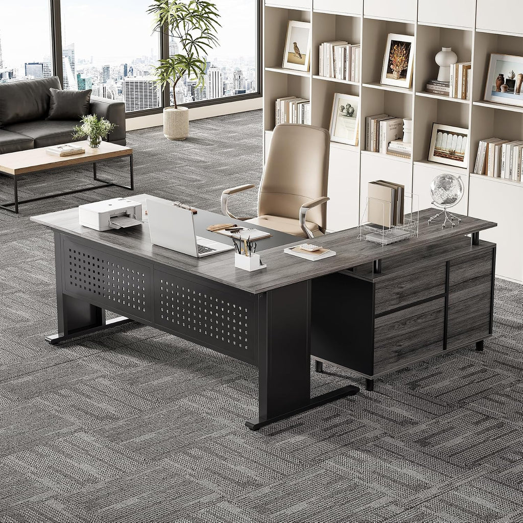 LITTLE TREE Large Computer Desk with File Cabinet, 63 Inch Executive Desk L Shaped Office Desk with Drawers and Storage Shelves, Business Furniture Desk Workstation for Home Office