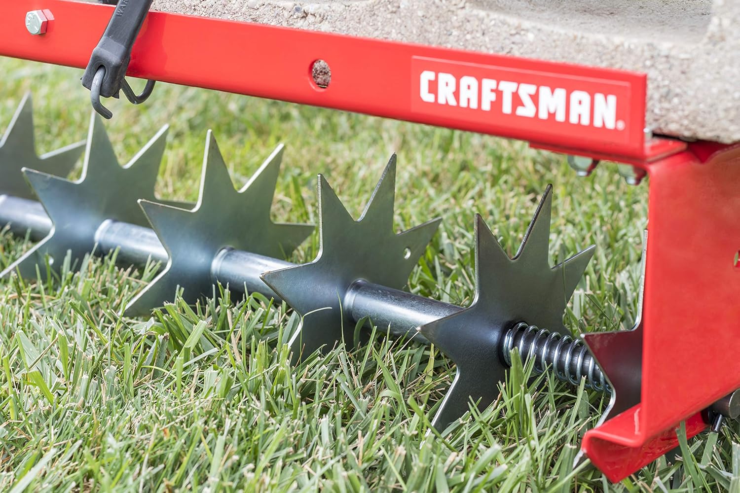 CRAFTSMAN (CMXGZBF7124336), 36-Inch Tow Spike Tow Behind Spike Aerator for Aerating Lawns; 9 Galvanized Steel Disks, 90lbs Capacity Weight Tray for Better Aeration, Universal Hitch, Red