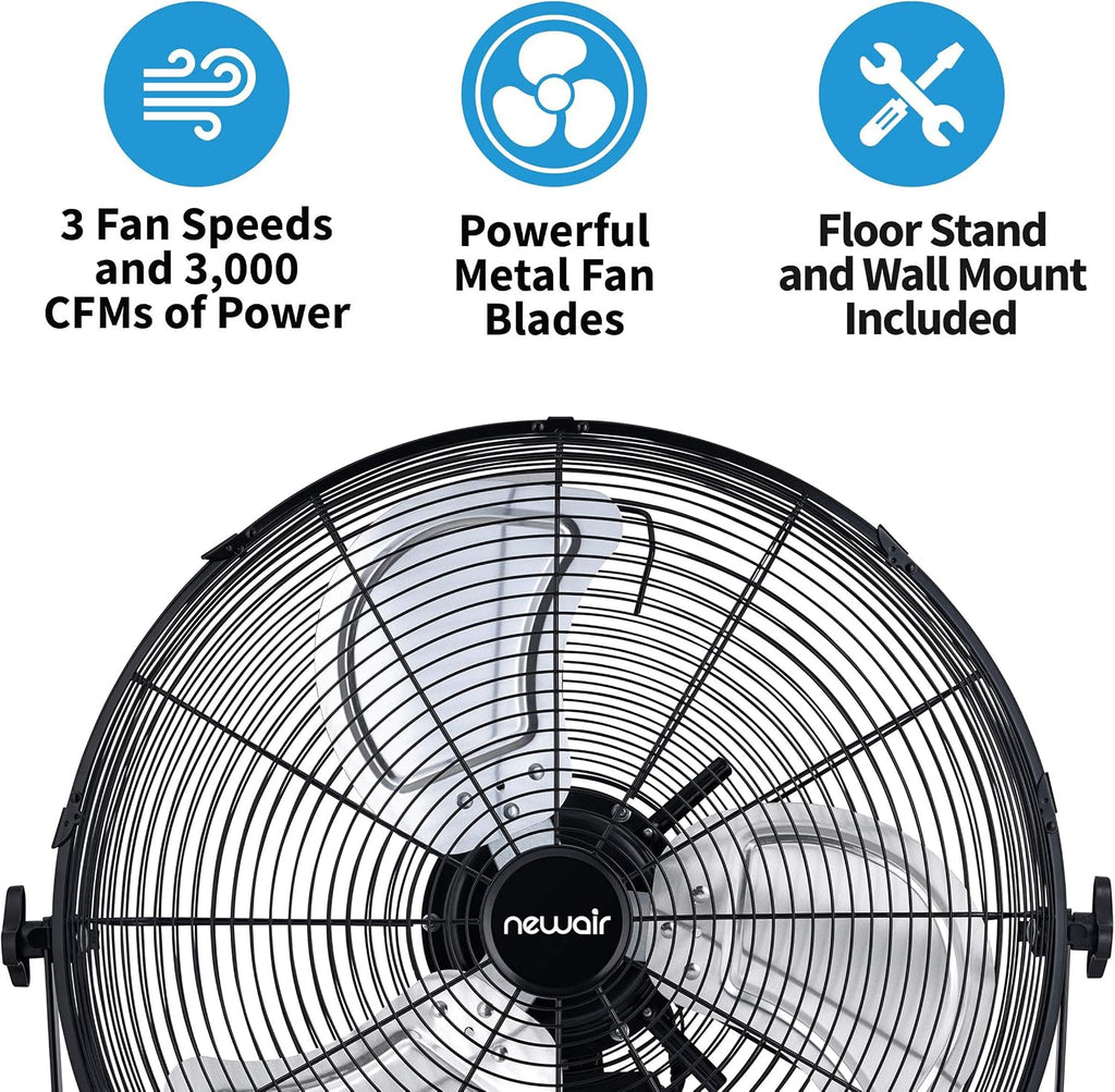 NewAir 20' High Velocity Outdoor Fan, Heavy Duty Waterproof 2-in-1 Floor Stand or Wall Mount Fan, Adjustable Tilt and 3 Speeds up to 4650 CFM | Wall Fan or Garage Fan for Indoor, Patio, Gym or Porch