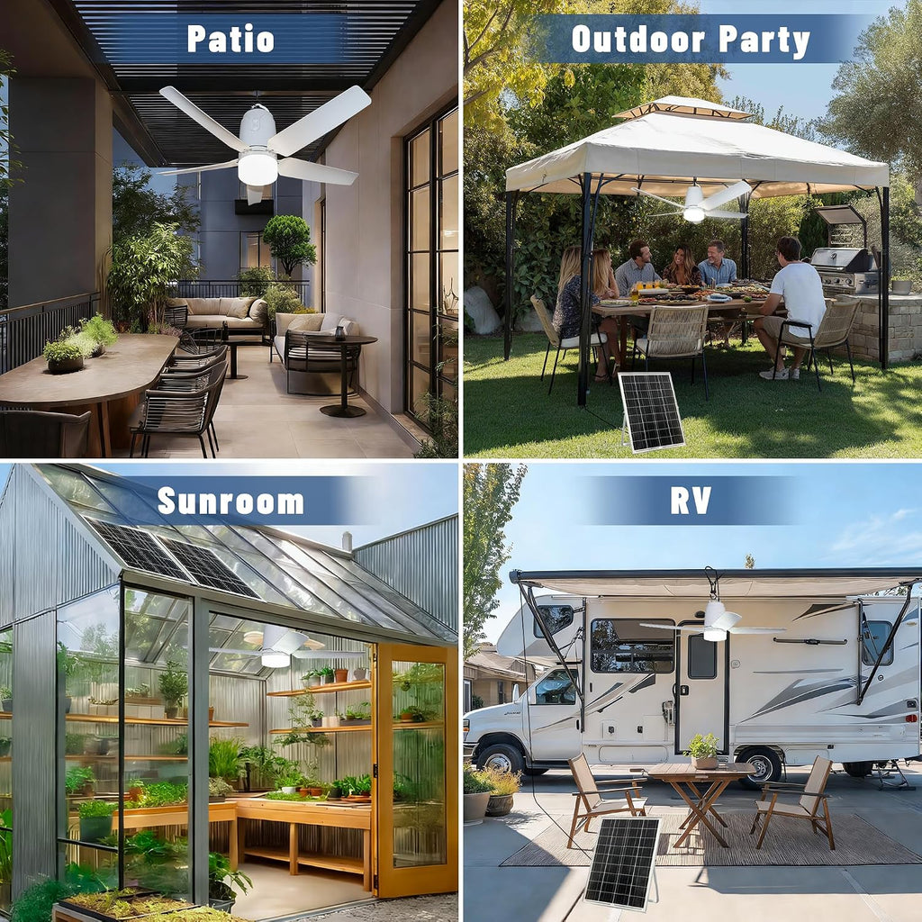 SHUNLEE Solar Outdoor Ceiling Fan Light 31.5'', 60W Solar Powered Portable Gazebo Fan With Remote and Hook, 3000K-6000K LED, 40000mAh Large Hanging Canopy Fan (31.5 inch)