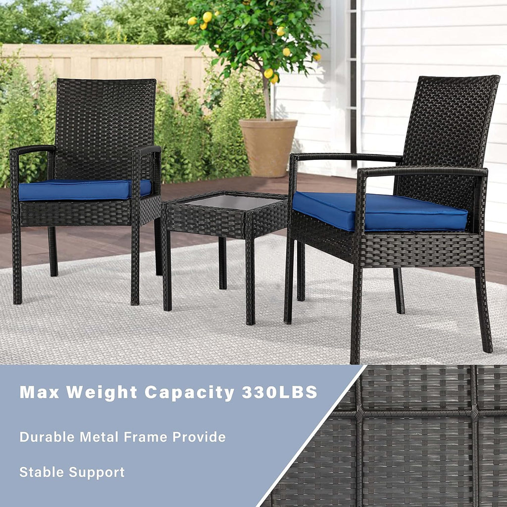3 Piece Outdoor Patio Furniture Sets, Rattan Conversation Set with Soft Cushion, Wicker Chairs with Coffee Table for Yard Backyard Lawn Porch Poolside Balcony, Blue
