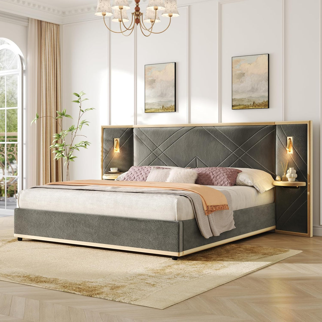 Christopher Knight Home Harley Upholstered Queen Size Bed Frame with LED Lights and Side Panels, Velvet Bed Frame Queen Size with Headboard, Wooden Slats, Easy Assembly, No Box Spring Needed, Grey
