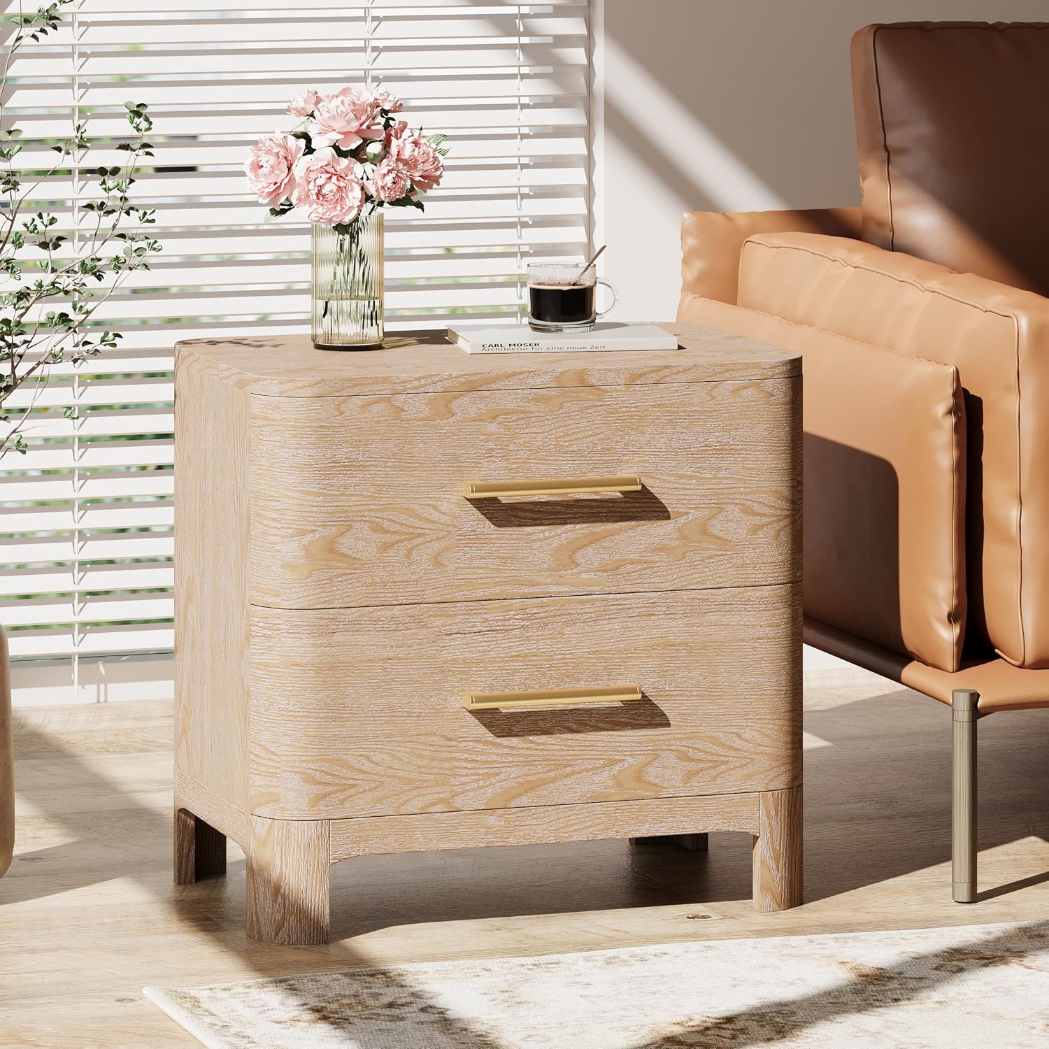 Christopher Knight Home Egbert Modern Nightstand with Drawers, Wooden Small Night Stand with Rounded Corners Design, Bedside Table/End Table for Bedroom, Multipurpose Storage Cabinet, Natural