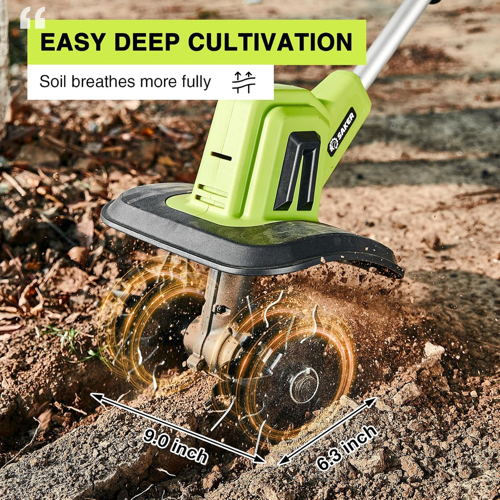 Saker Cordless Garden Tiller & Manual Lawn Aerator Tool Set, 22V Electric Rototiller Cultivator with 2 Batteries, 9' Width 6.3' Depth + 15-Spike Heavy Duty Lawn Aerator for Soil Preparation, Lawn Care
