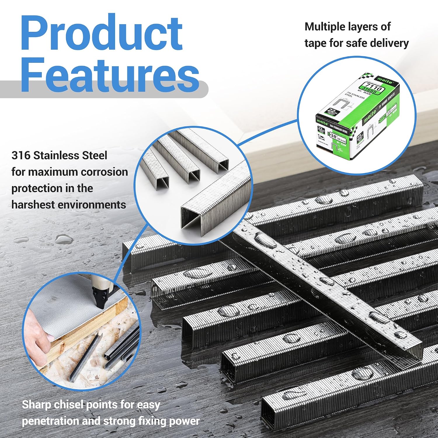 meite 71/10 22 Gauge 71 Series 316 Stainless Steel Upholstery Staples, 3/8-Inch (9.1 mm) Crown 3/8-Inch Length for Fine Wire Stapler Gun and Marine Upholstery (10 Boxes)