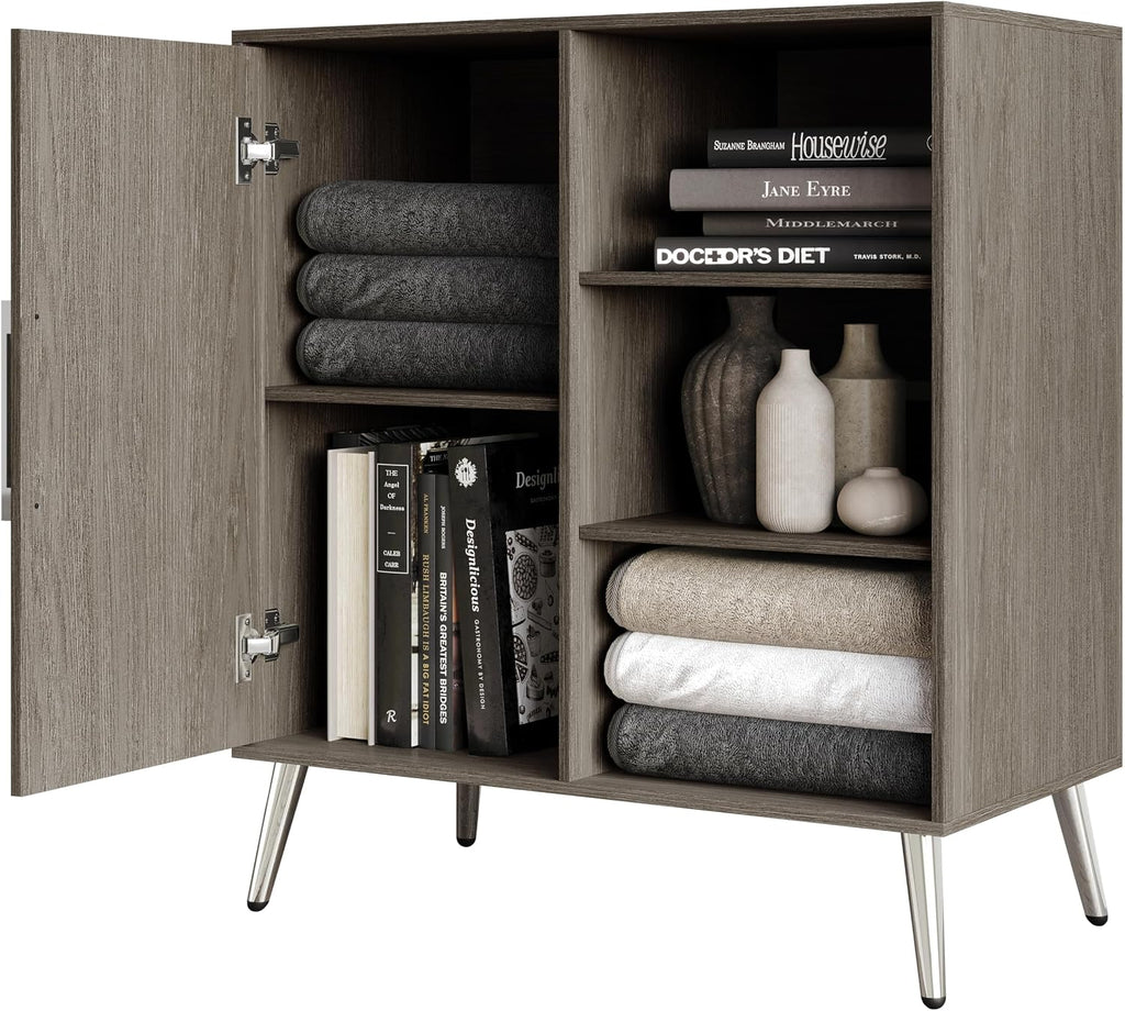 HOME DESIGN Ashwin Sideboard, Modern Storage Cabinet with Drawers & Shelves, Silver-Tone Tapered Legs, Sleek Durable Design, Easy Assembly