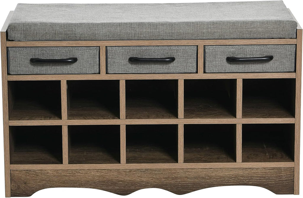 Household Essentials Entryway Storage Bench with 3 Grey Drawers 10 Shoe Compartments and Cushioned Seat in Ashwood Rustic Wood Grain