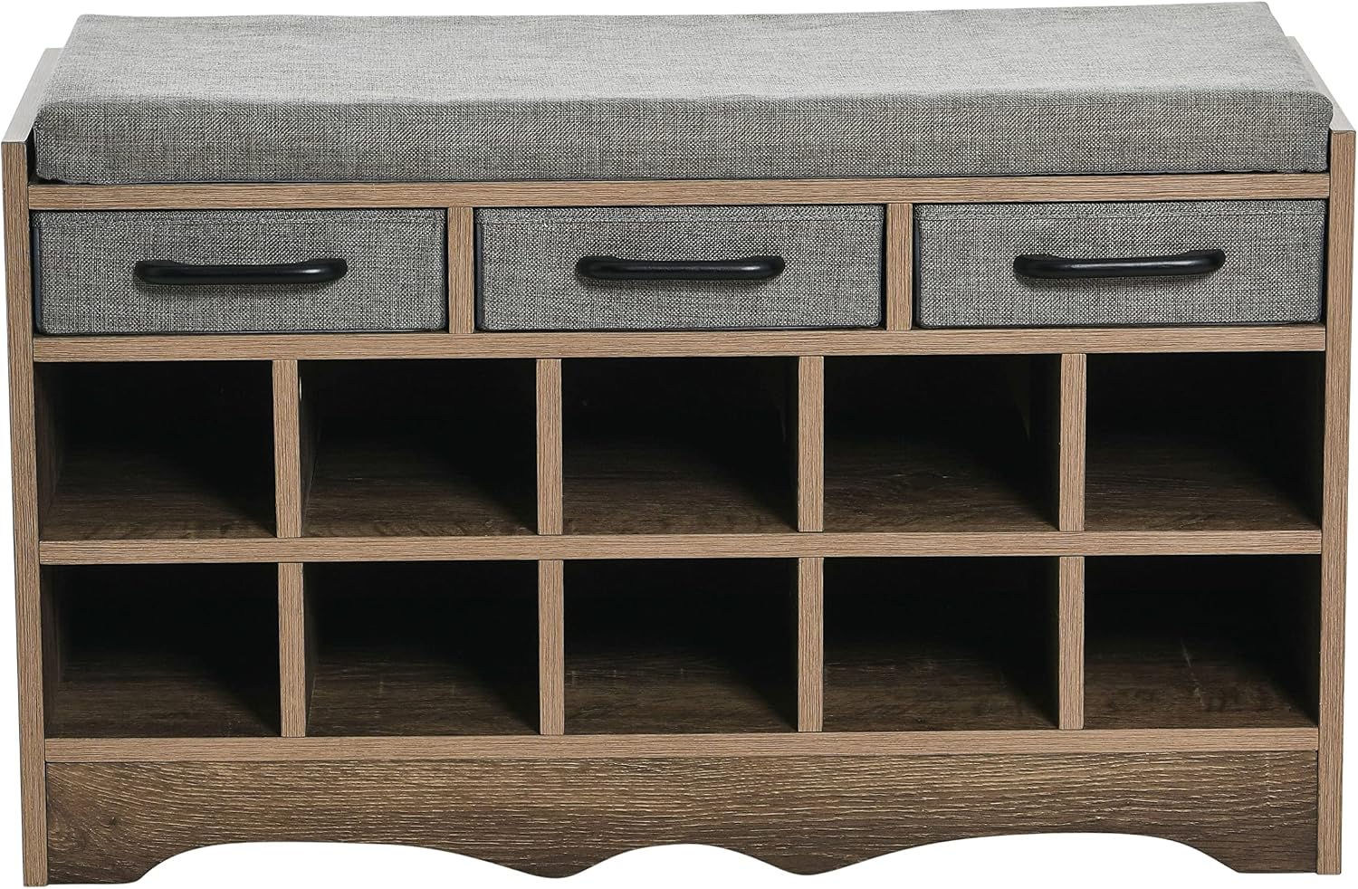 Household Essentials Entryway Storage Bench with 3 Grey Drawers 10 Shoe Compartments and Cushioned Seat in Ashwood Rustic Wood Grain