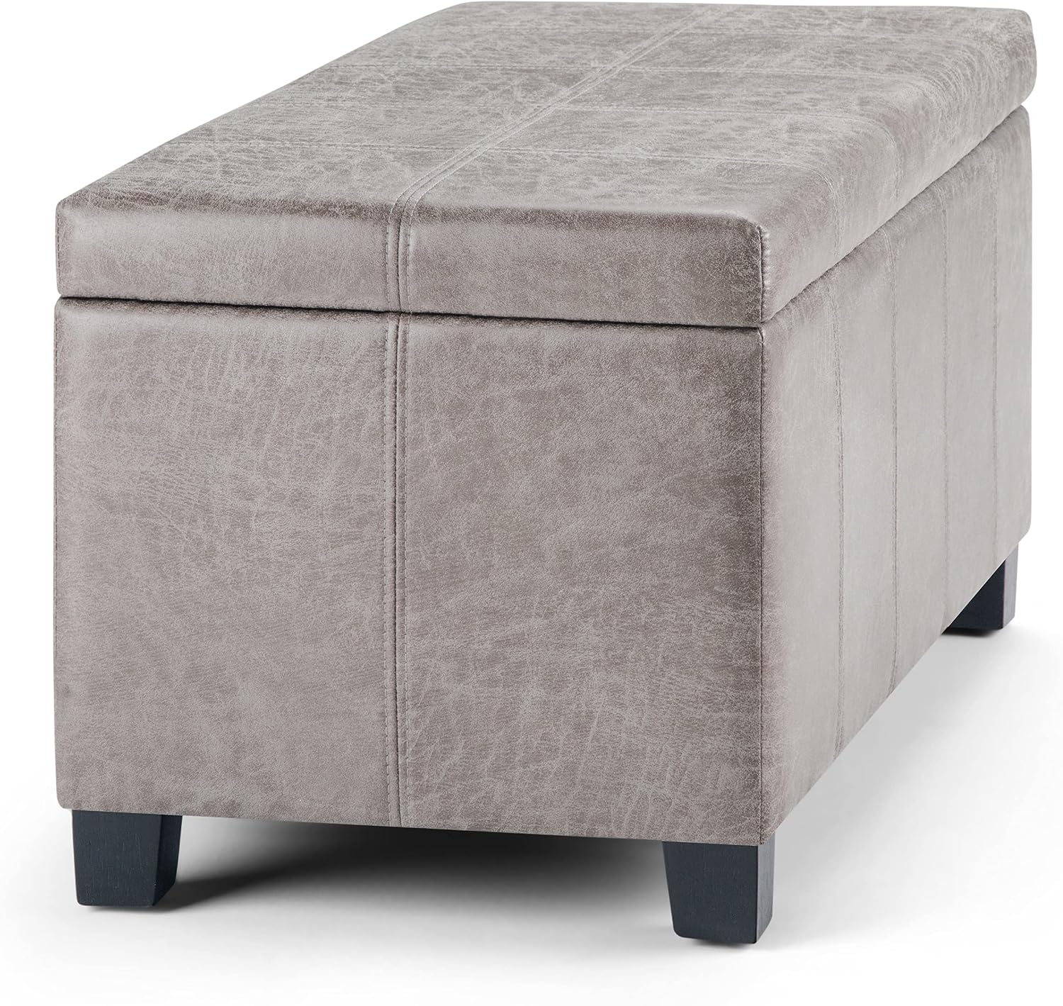 SIMPLIHOME Dover Storage Ottoman Bench - 36 inch Wide Upholstered Vegan Leather Rectangular Lift-Top Ottoman in Distressed Grey Taupe, Contemporary Bench for Living Room with Safety Hinges