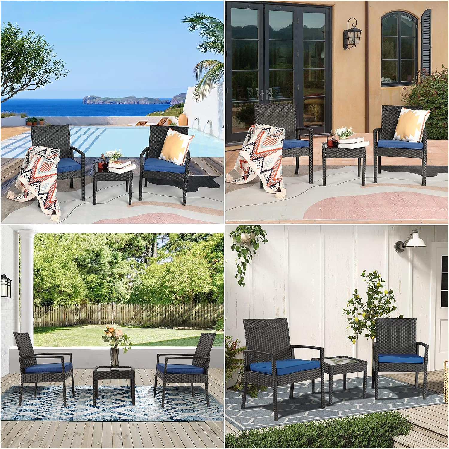 3 Piece Outdoor Patio Furniture Sets, Rattan Conversation Set with Soft Cushion, Wicker Chairs with Coffee Table for Yard Backyard Lawn Porch Poolside Balcony, Blue