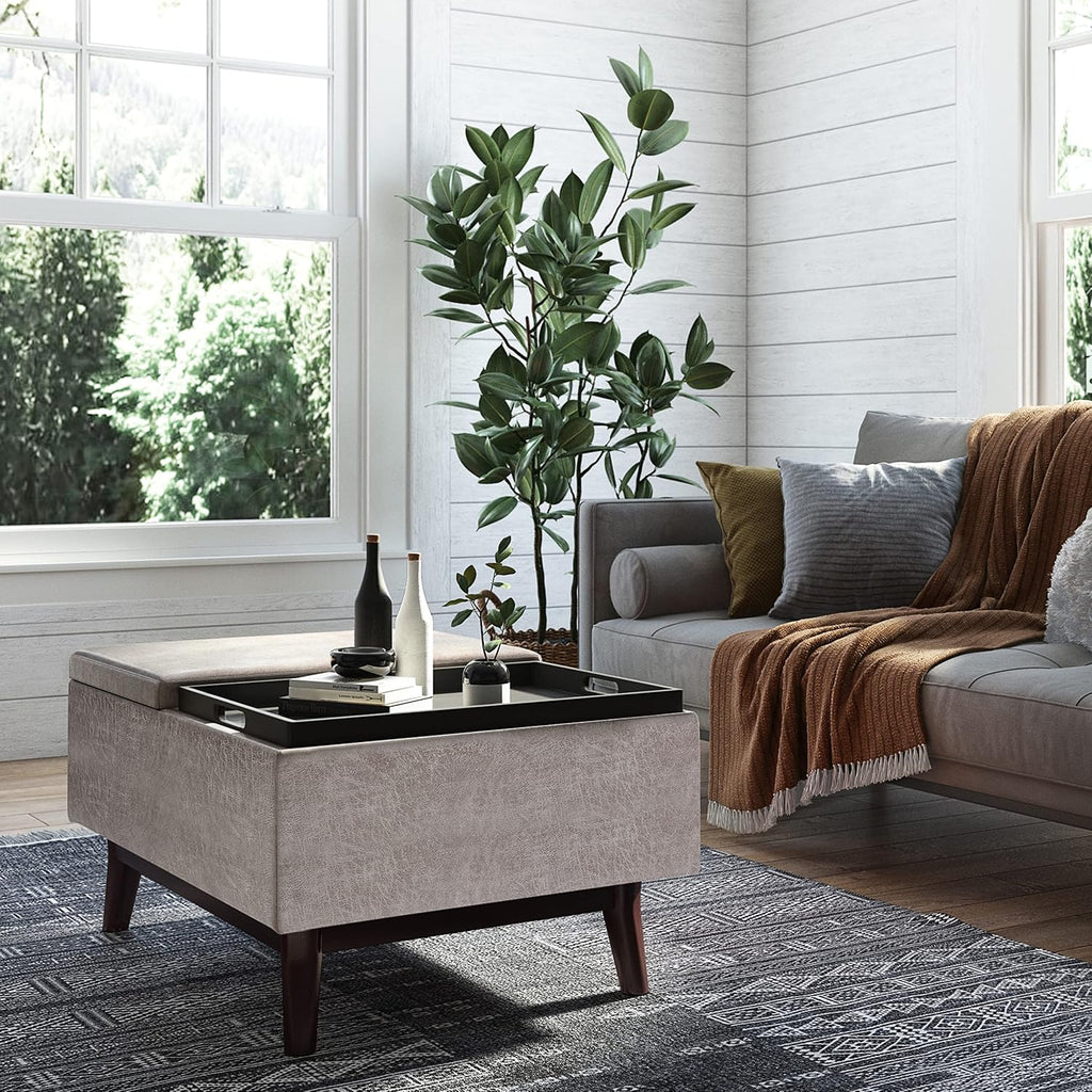 SIMPLIHOME Owen Tray Top Small Coffee Table Storage Ottoman - 34 inch Wide Upholstered Vegan Leather Rectangular Flip-Top Ottoman in Distressed Grey, Mid-Century Modern Ottoman for Living Room