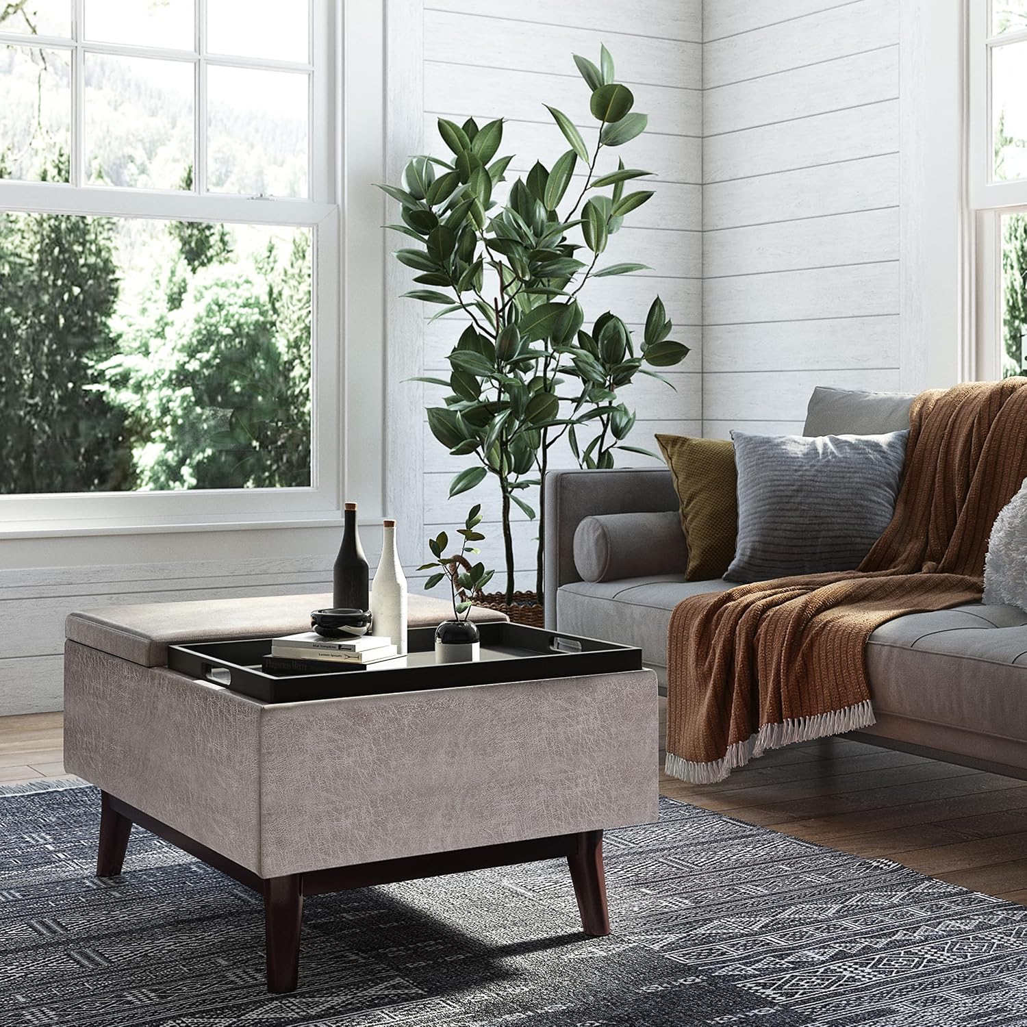 SIMPLIHOME Owen Tray Top Small Coffee Table Storage Ottoman - 34 inch Wide Upholstered Vegan Leather Rectangular Flip-Top Ottoman in Distressed Grey, Mid-Century Modern Ottoman for Living Room