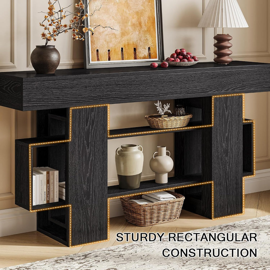 Einhomn 63 Inch Long Console Table for Entryway, Modern Wooden Sofa Table Behind Couch with 3-Tier Storage Shelf, Narrow Entry Accent Table for Living Room, Hallway, Foyer, Black