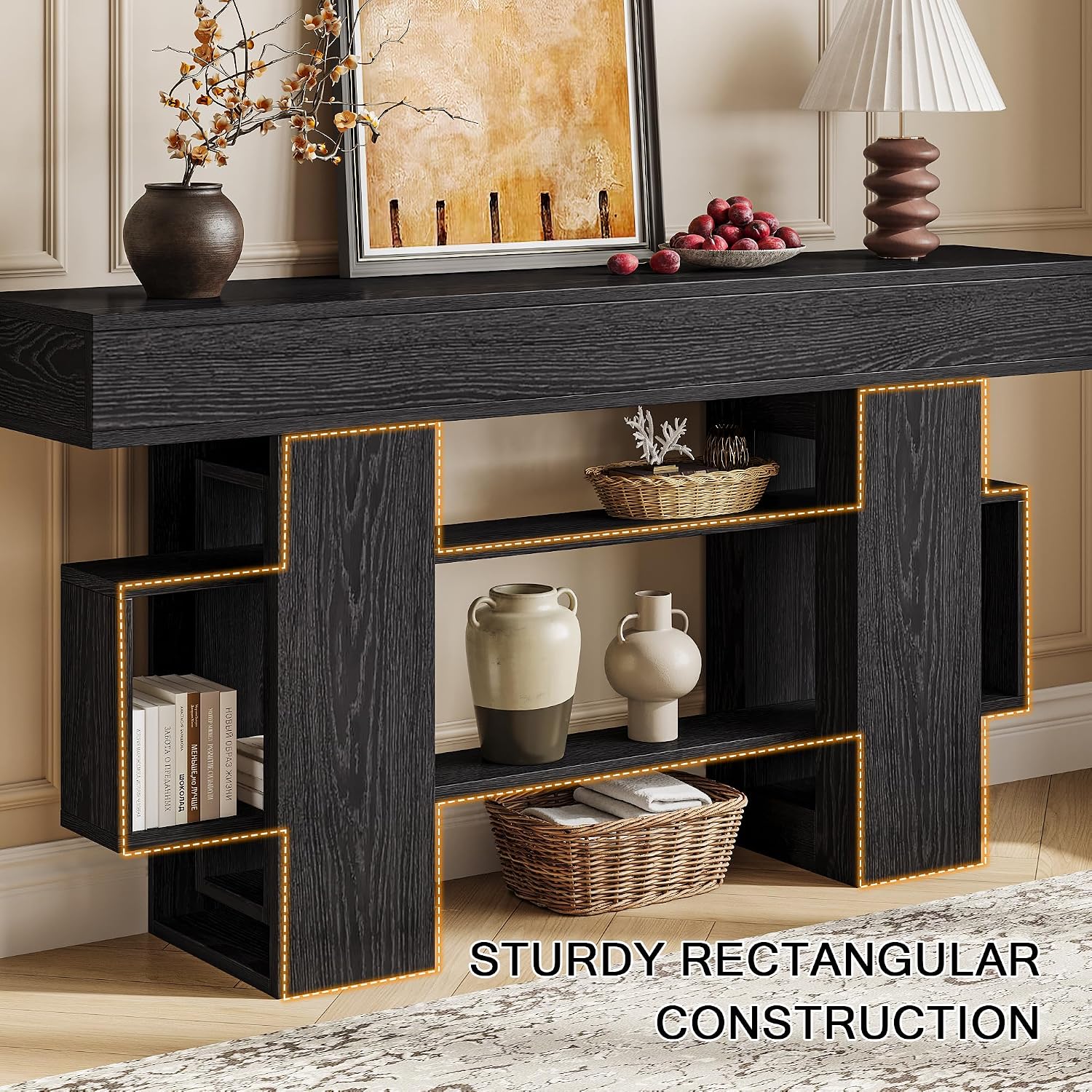 Einhomn 63 Inch Long Console Table for Entryway, Modern Wooden Sofa Table Behind Couch with 3-Tier Storage Shelf, Narrow Entry Accent Table for Living Room, Hallway, Foyer, Black