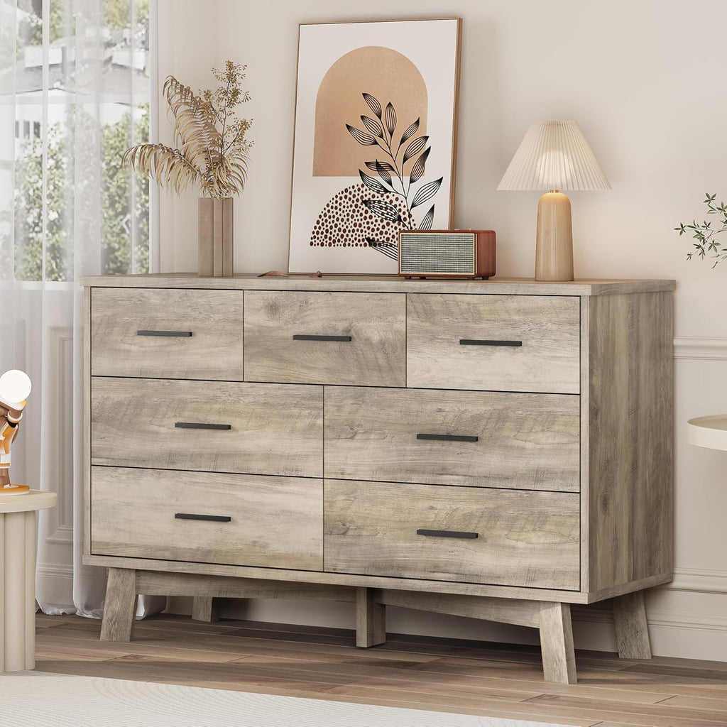 Xixini Dresser for Bedroom with 7 Drawer, Wood Modern Chest of Drawers with X-Shaped Sturdy Base, Wide Double Dresser Closet Clothes Storage Organizer, Wooden TV Stand for Living Room, Hallway, Grey
