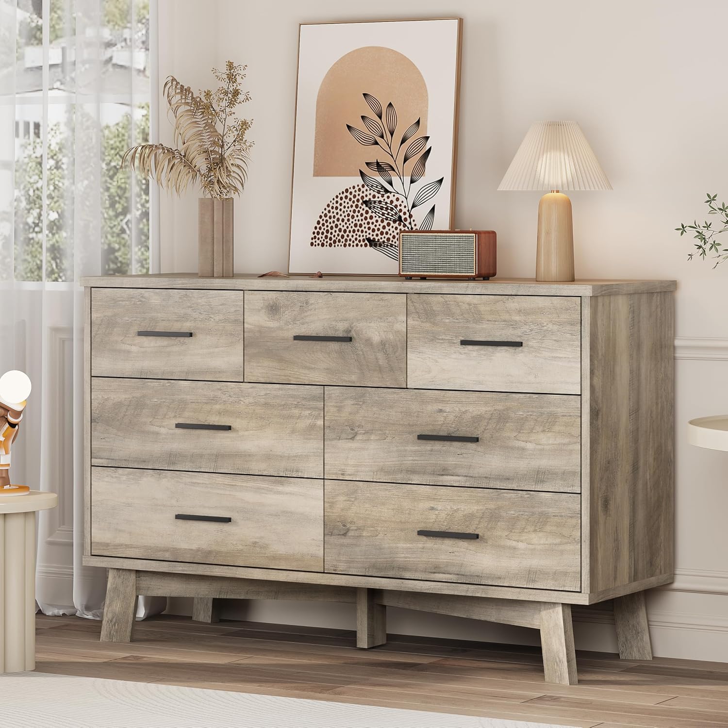 Xixini Dresser for Bedroom with 7 Drawer, Wood Modern Chest of Drawers with X-Shaped Sturdy Base, Wide Double Dresser Closet Clothes Storage Organizer, Wooden TV Stand for Living Room, Hallway, Grey