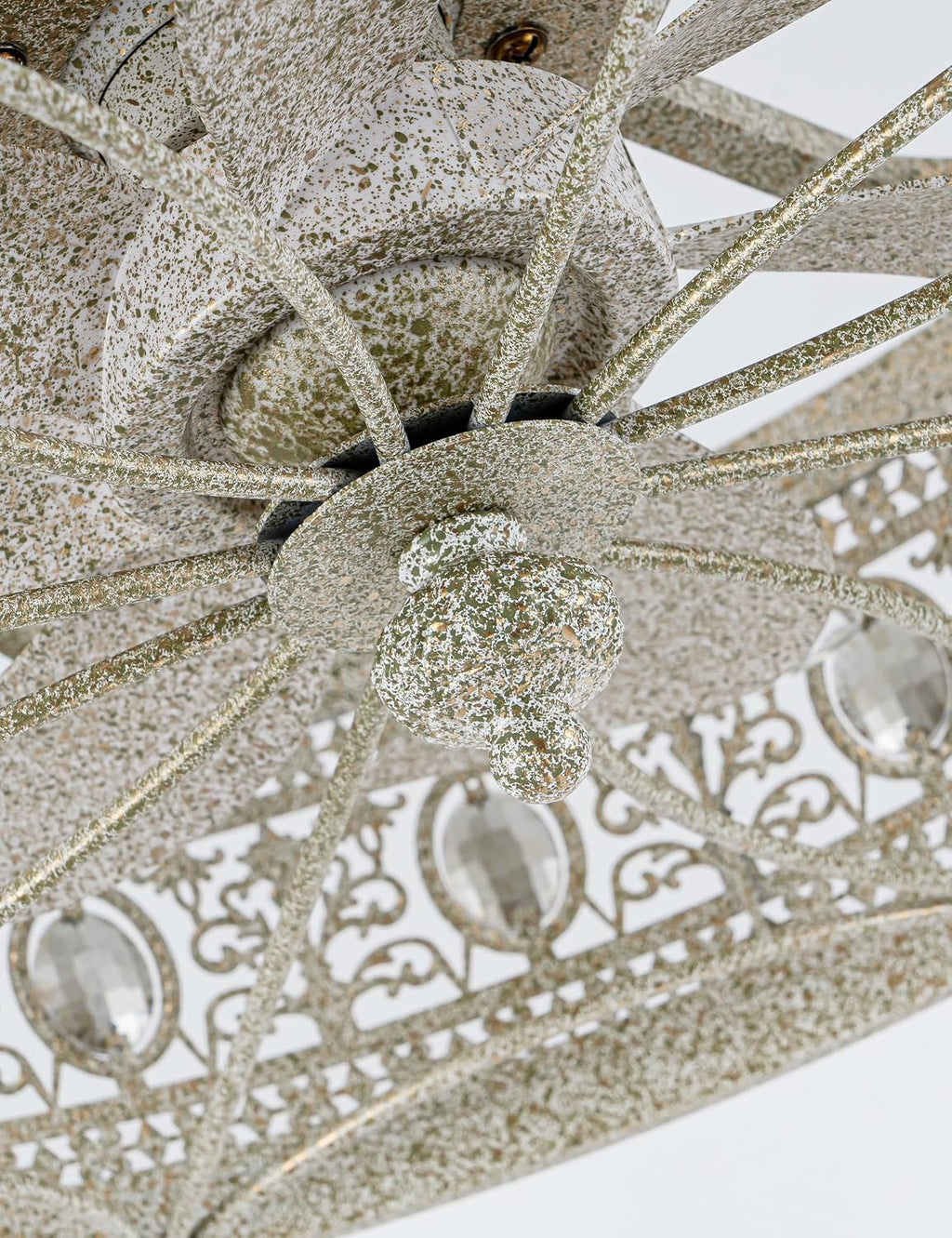 Crystal Chandelier Ceiling Fan with Light,French Coastal Ornate Caged Bladeless Fandelier,Elegant Decorative Round Light Fixture,Hanging/Flush Mount for Bedroom,Kitchen Island,Dining Room,Living Room