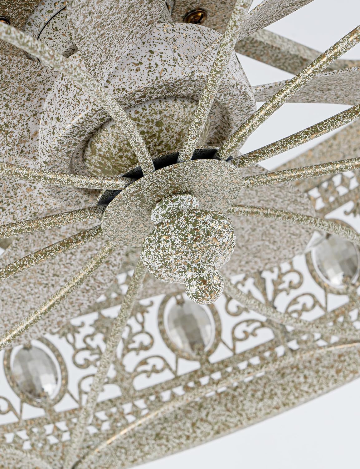 Crystal Chandelier Ceiling Fan with Light,French Coastal Ornate Caged Bladeless Fandelier,Elegant Decorative Round Light Fixture,Hanging/Flush Mount for Bedroom,Kitchen Island,Dining Room,Living Room