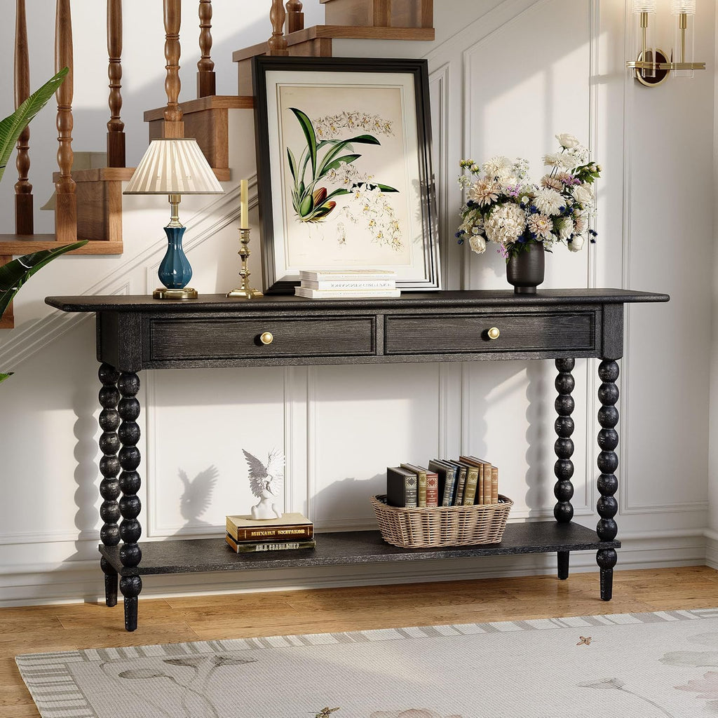 Christopher Knight Home Zeka Narrow Console Table with Storage, Wood Entryway Table with 2 Drawers and 1 Bottom Shelf, Retro Display Table with Unique Spherical Legs for Hallway, Living Room, Black