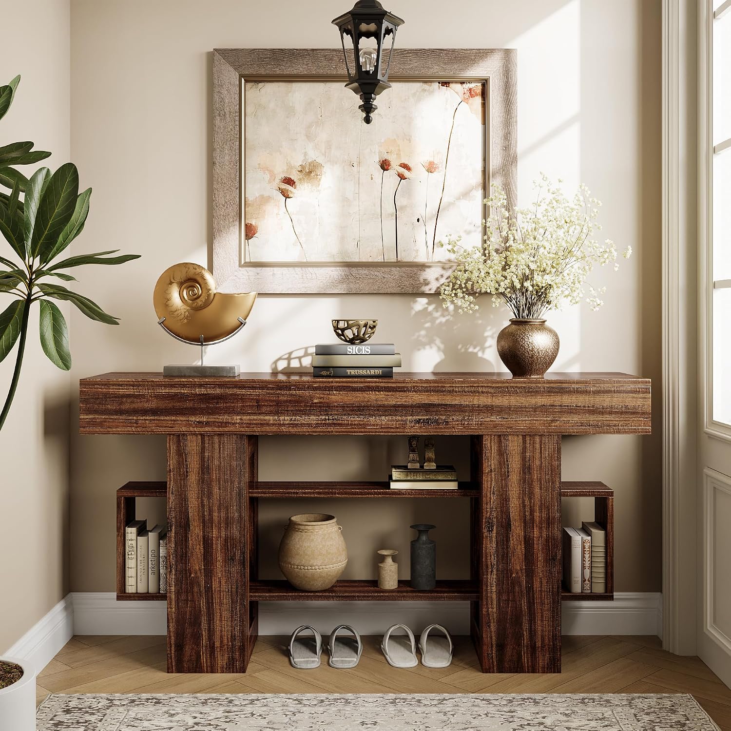 Einhomn 63 Inch Long Console Table for Entryway, Farmhouse Wooden Sofa Table Behind Couch with 3-Tier Storage Shelf, Narrow Entry Accent Table for Living Room, Hallway, Foyer, Rustic Brown