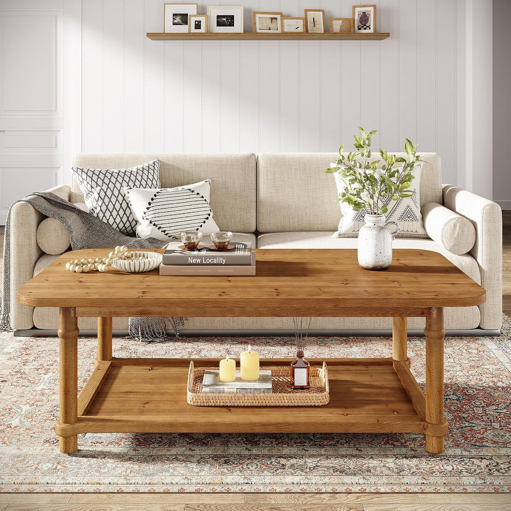 47' Rectangle Coffee Table, Solid Wood Center Table with 2-Tier Storage, Modern Farmhouse Coffee Furniture for Living Room, Home & Family Room, Light Brown