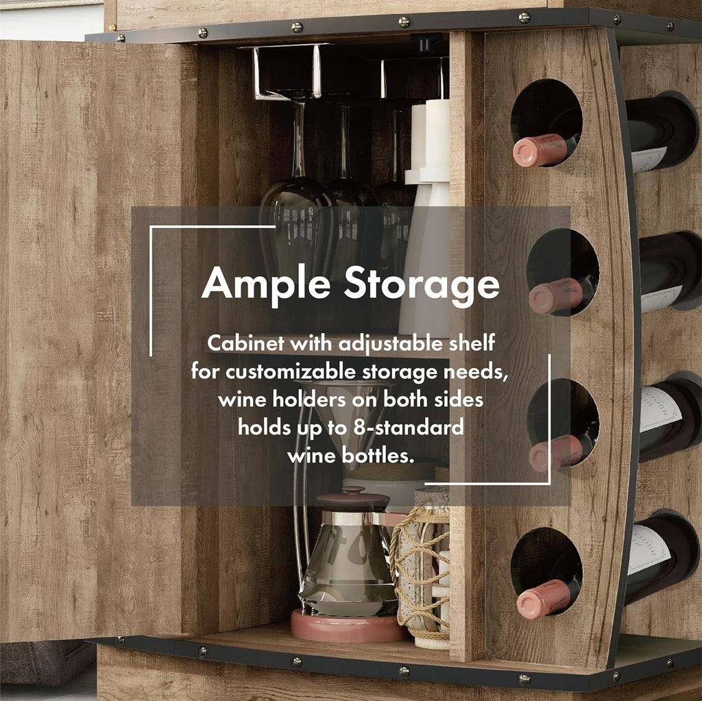 24/7 Shop at Home Delia Vintage 8 Bottle Small Wine Cabinet with Storage, Indoor Home Bar Furniture, Glass Holder, Drawer, Adjustable Shelf for Kitchen, Living Room, Apartment, Dining Room, Oak Brown
