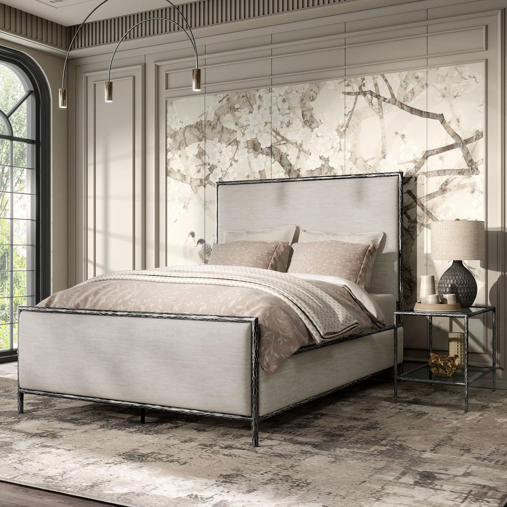 24/7 Shop at Home Lalia Hammered Metal 2-Piece Bedroom Collection, Upholstered Bed Frame with Beige Fabric Headboard, Forged Steel and 1-Shelf Nightstand, Foundation Required, Queen, Matte Grey
