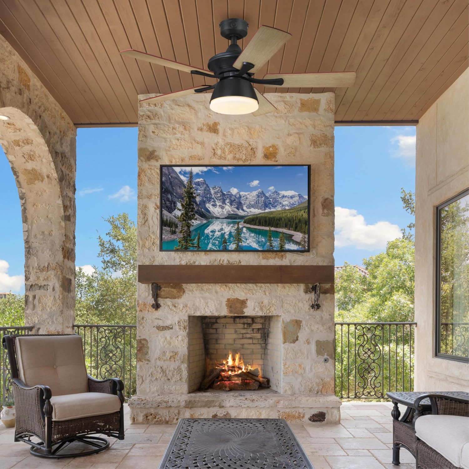 Westinghouse Lighting Nevada Traditional Indoor/Outdoor Ceiling Fan, LED Light Fixture with Opal Frosted Glass, Remote Control, 42 Inch, Iron Finish