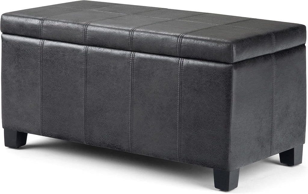 SIMPLIHOME Dover Storage Ottoman Bench - 36 inch Wide Upholstered Vegan Leather Rectangular Lift-Top Ottoman in Distressed Black, Contemporary Bench for Living Room with Safety Hinges