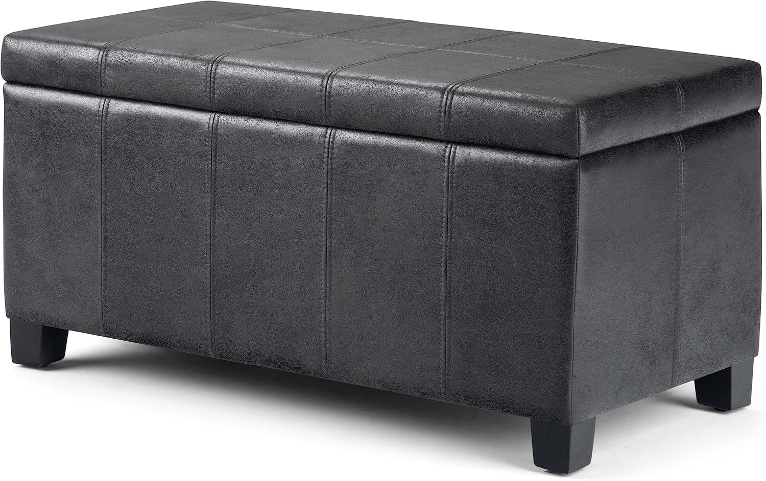 SIMPLIHOME Dover Storage Ottoman Bench - 36 inch Wide Upholstered Vegan Leather Rectangular Lift-Top Ottoman in Distressed Black, Contemporary Bench for Living Room with Safety Hinges