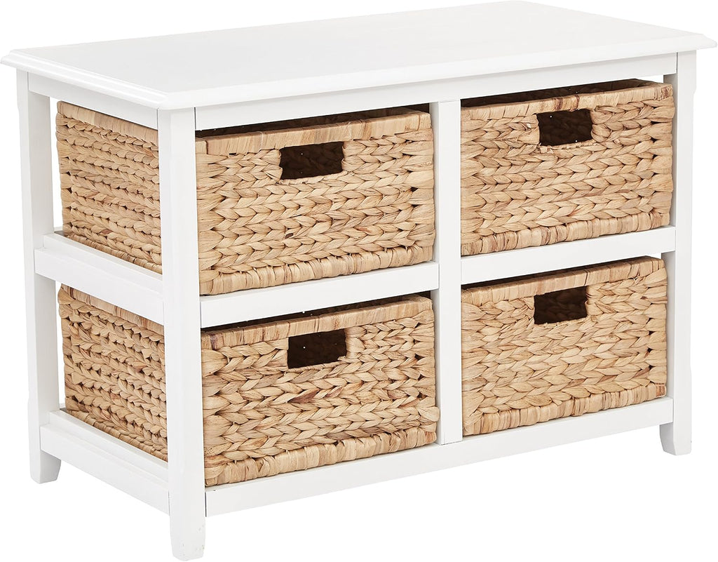 OSP Home Furnishings Seabrook Storage Tower with Solid Wood Frame and Natural Baskets, 2-Tier, 4-Drawer, White Finish