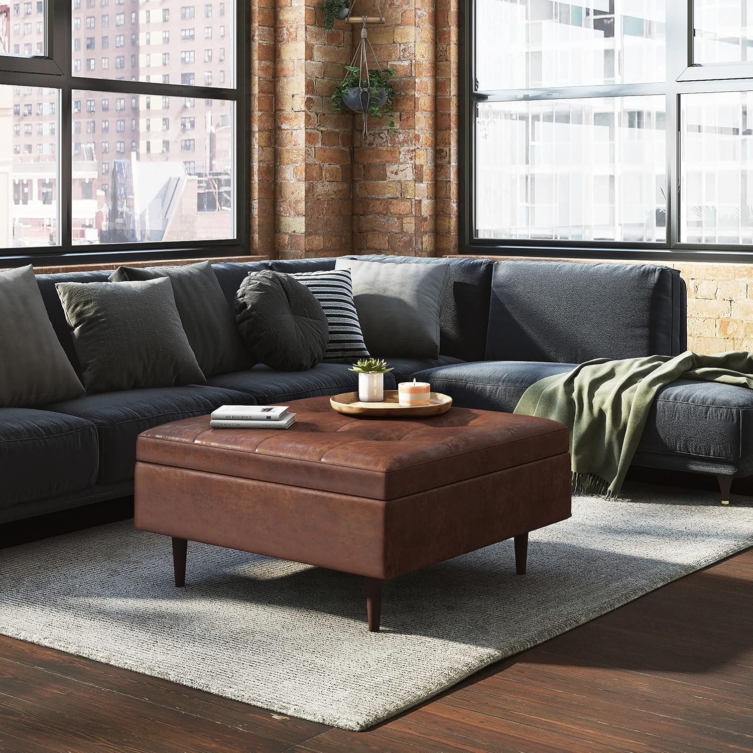 SIMPLIHOME Shay Coffee Table Storage Ottoman - 38 inch Wide Upholstered Vegan Leather Large Square Ottoman in Distressed Saddle Brown, Mid-Century Modern Tufted Ottoman for Living Room with Lift Top