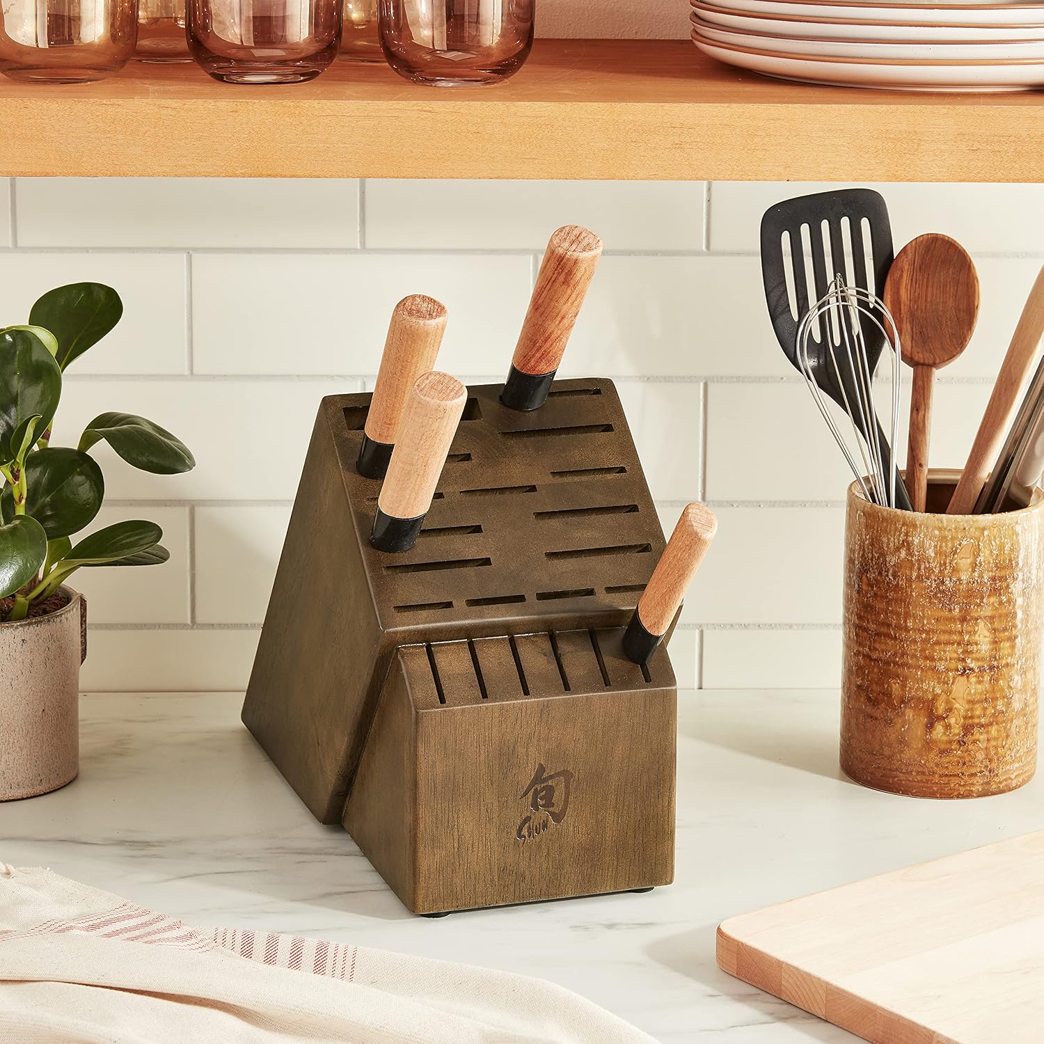 Shun Walnut Finish Knife Block, 22 Slot Large Wooden Knife Holder, Genuine Dark Stained Wood, Kitchen Storage for Professional and Home Chefs