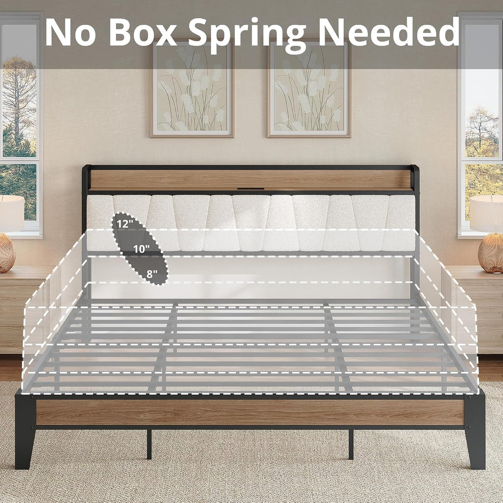 LIKIMIO King Bed Frames, Storage Headboard with Charging Station, Solid and Stable, Noise Free, No Box Spring Needed, Easy Assembly, Wood and Cream