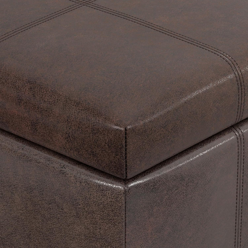SIMPLIHOME Dover Storage Ottoman Bench - 36 inch Wide Upholstered Vegan Leather Rectangular Lift-Top Ottoman in Distressed Brown, Contemporary Bench for Living Room with Safety Hinges