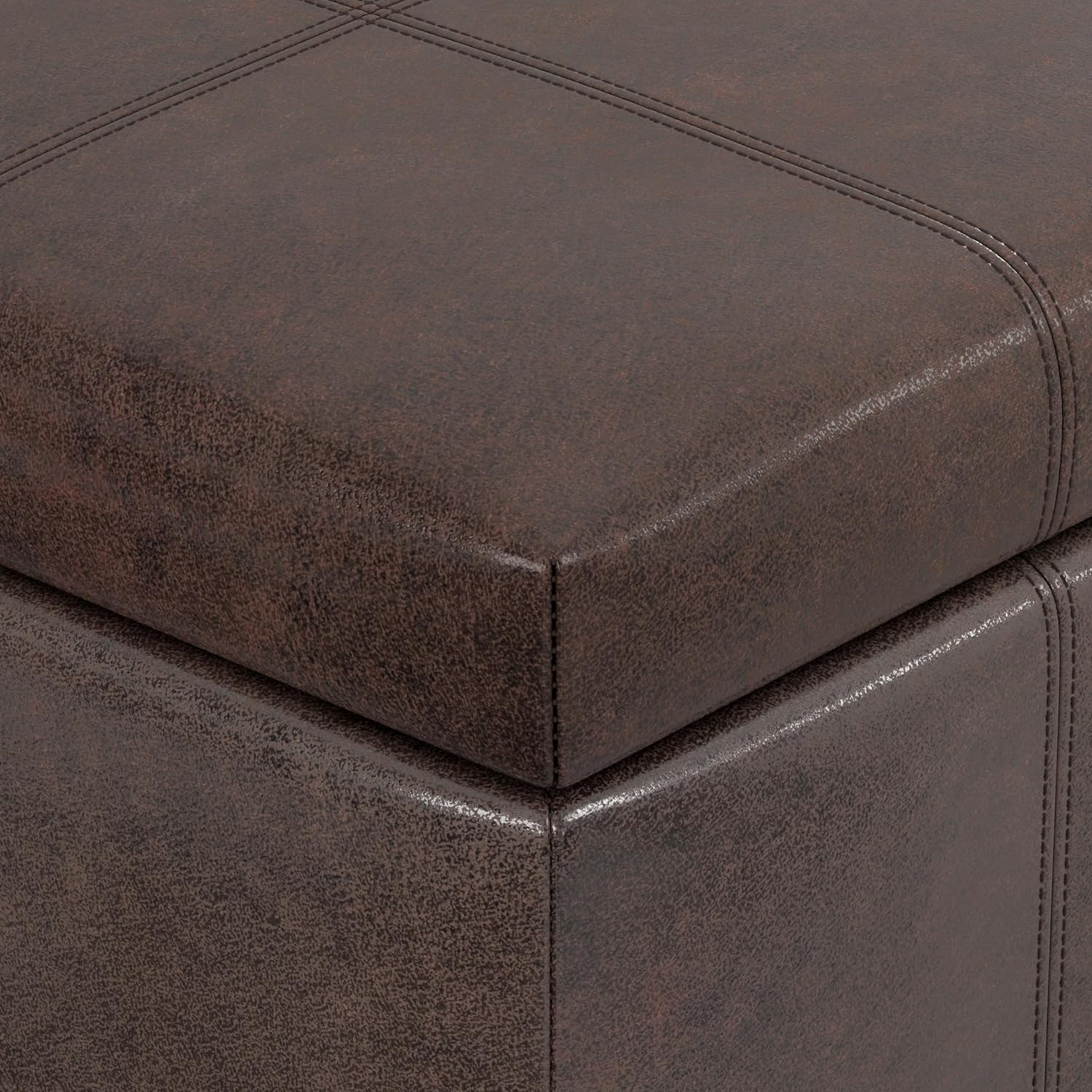 SIMPLIHOME Dover Storage Ottoman Bench - 36 inch Wide Upholstered Vegan Leather Rectangular Lift-Top Ottoman in Distressed Brown, Contemporary Bench for Living Room with Safety Hinges