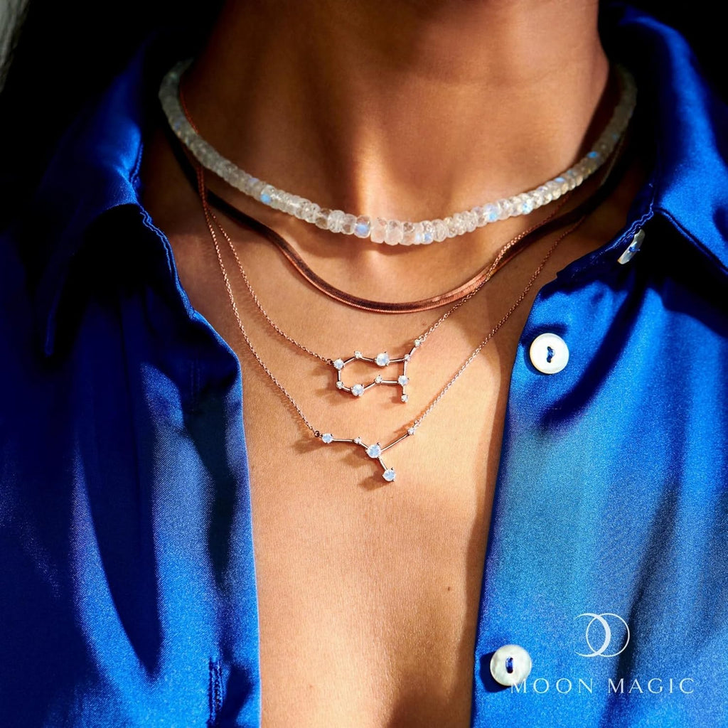 Moon Magic Moonstone Zodiac Necklaces for Women | Constellation Necklace 925 Sterling Silver | 18k Rose and Yellow Gold Zodiac Sign Pendants | Authentic Real Dainty Moon Stone Jewelry for Women