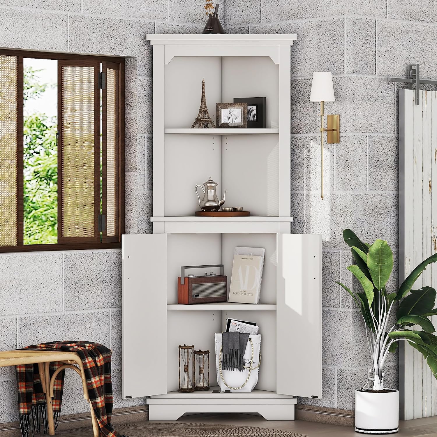 KEIKI 69' Tall Corner Cabinet, Farmhouse Corner Storage Cabinet with Doors & Shelves, Home Storage for Living Room, Bathroom, Dining Room or Kitchen, White