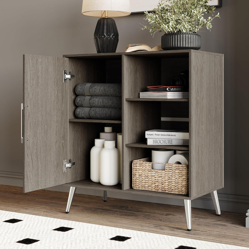 HOME DESIGN Ashwin Sideboard, Modern Storage Cabinet with Drawers & Shelves, Silver-Tone Tapered Legs, Sleek Durable Design, Easy Assembly