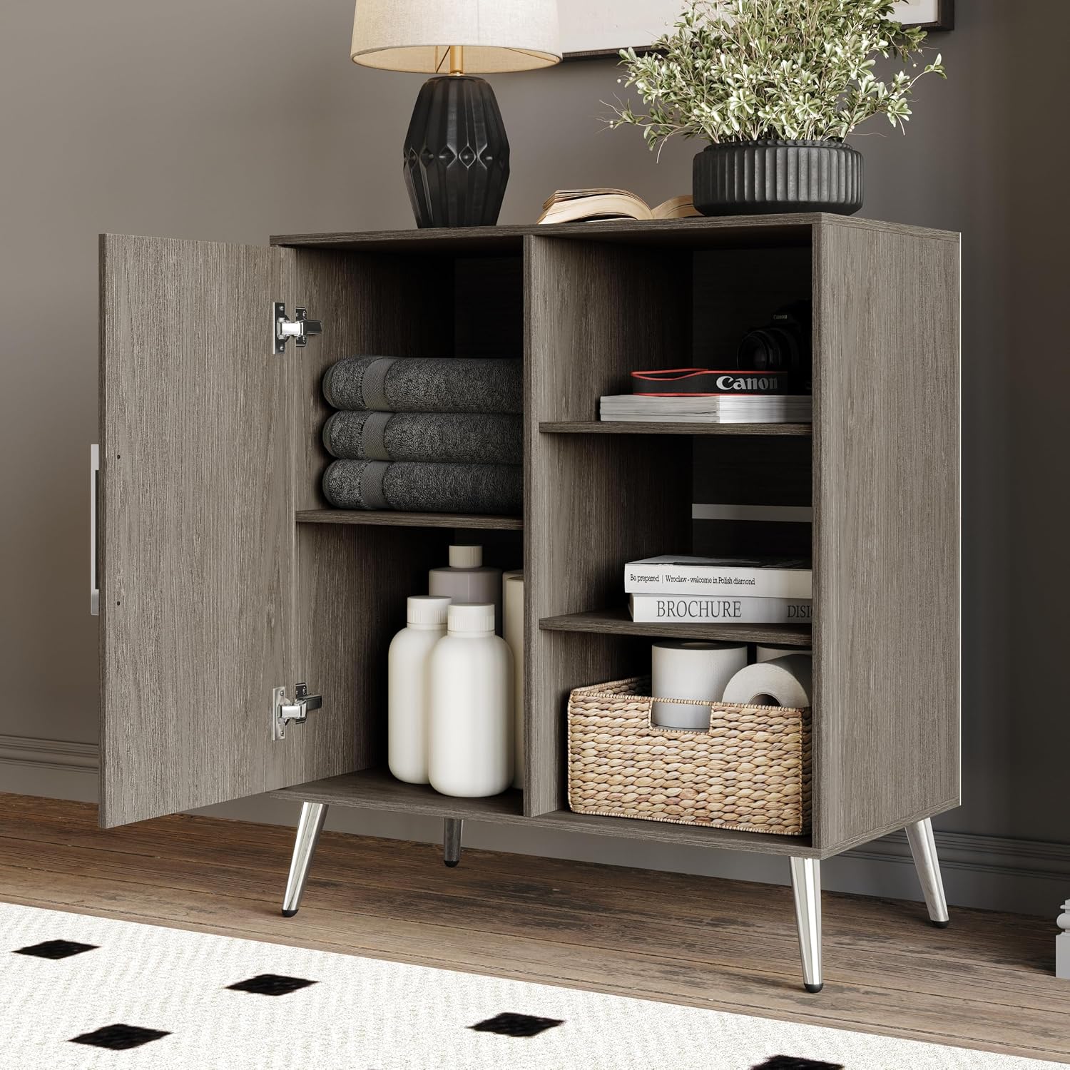HOME DESIGN Ashwin Sideboard, Modern Storage Cabinet with Drawers & Shelves, Silver-Tone Tapered Legs, Sleek Durable Design, Easy Assembly