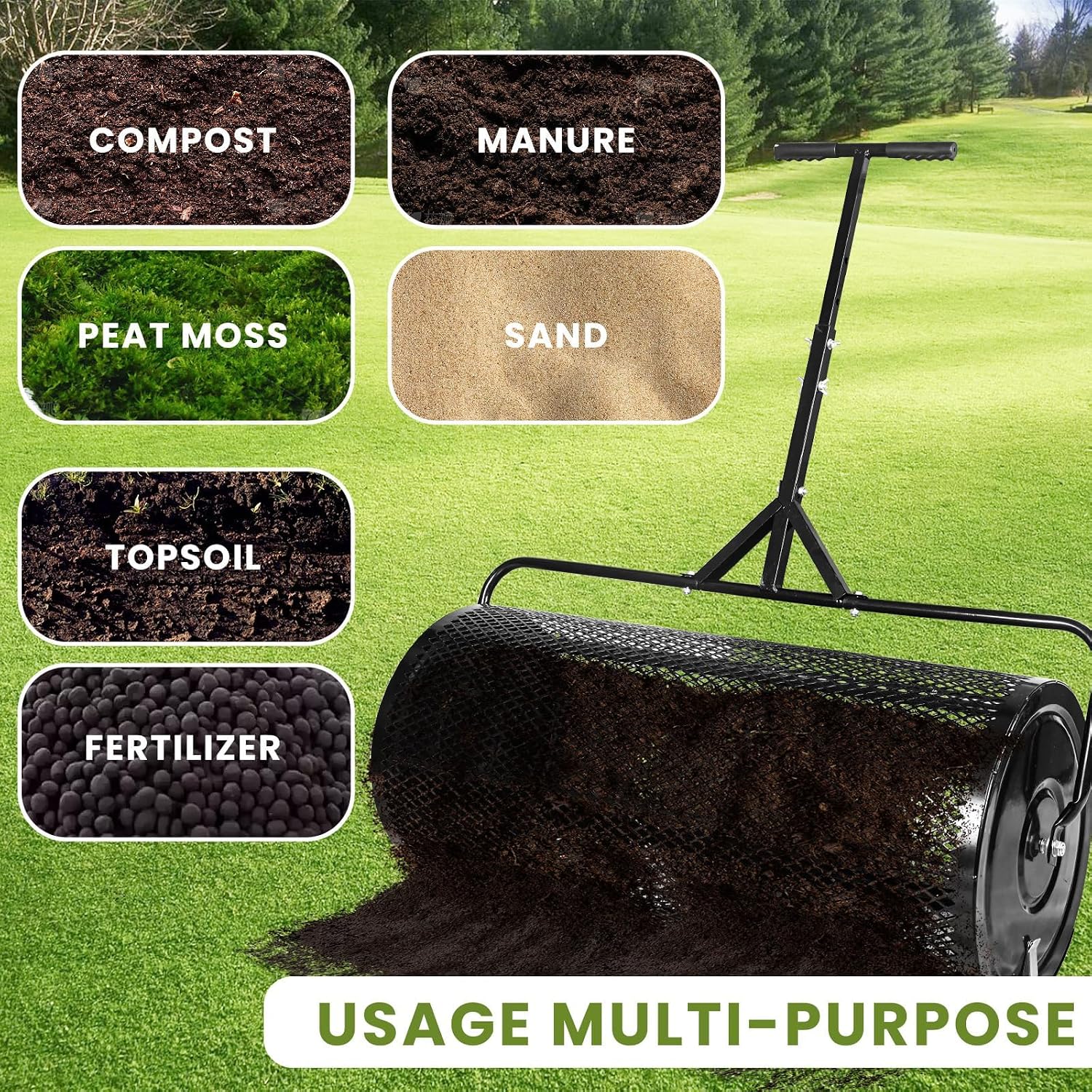 MAKEATREE 36 Inch Compost Spreader and Peat Moss Spreader, 36' Lawn Top Soil Spreader with Height Adjustable T Shaped Handle, Steel Mesh Basket Garden Spreader for Spreading Manure Topsoil, Black