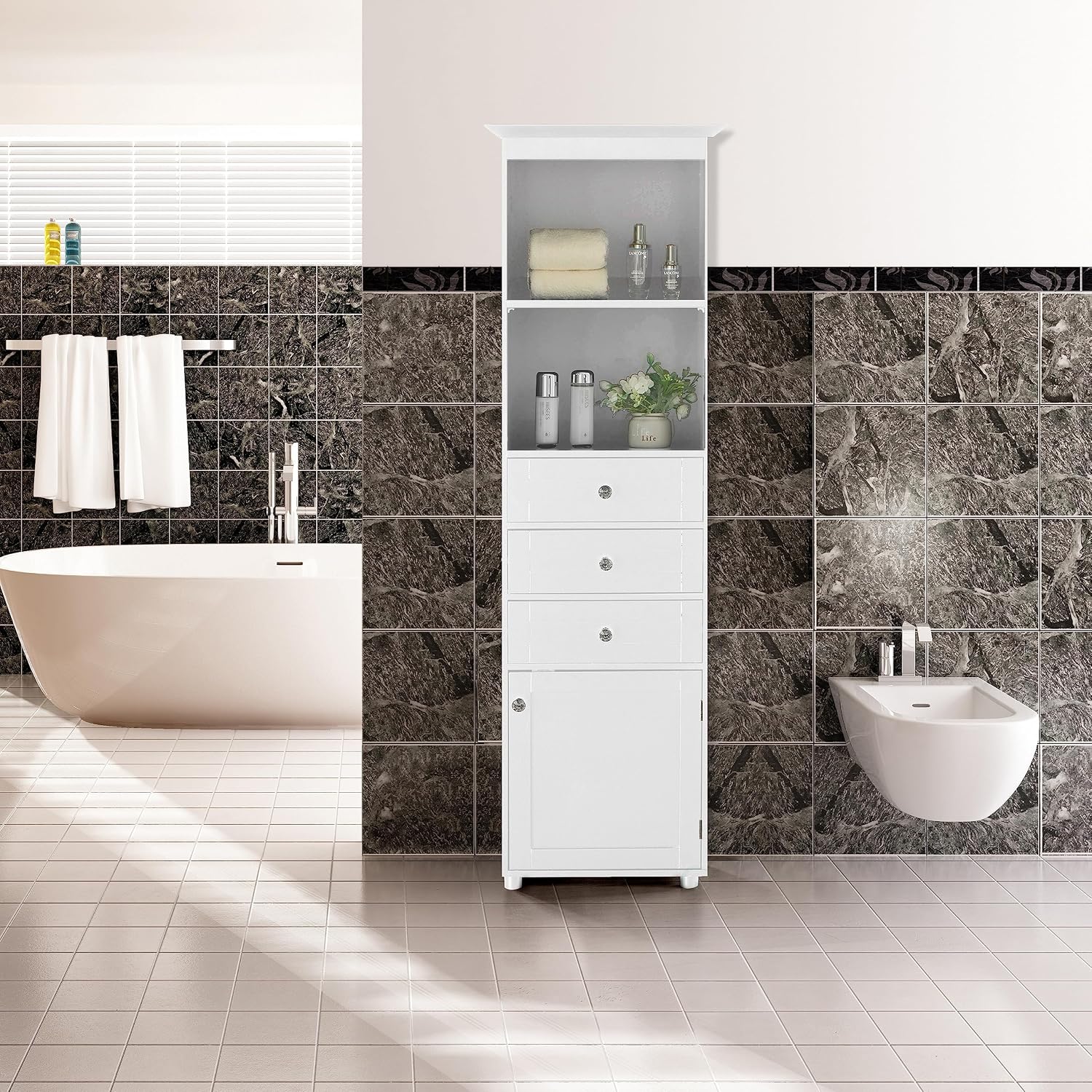 Basicwise Freestanding Storage Cabinet with Shelves Drawers & Door Linen Tower Organizer for Towels Toiletries and Essentials Floor Standing Cupboard for Bathroom or Laundry Room, White