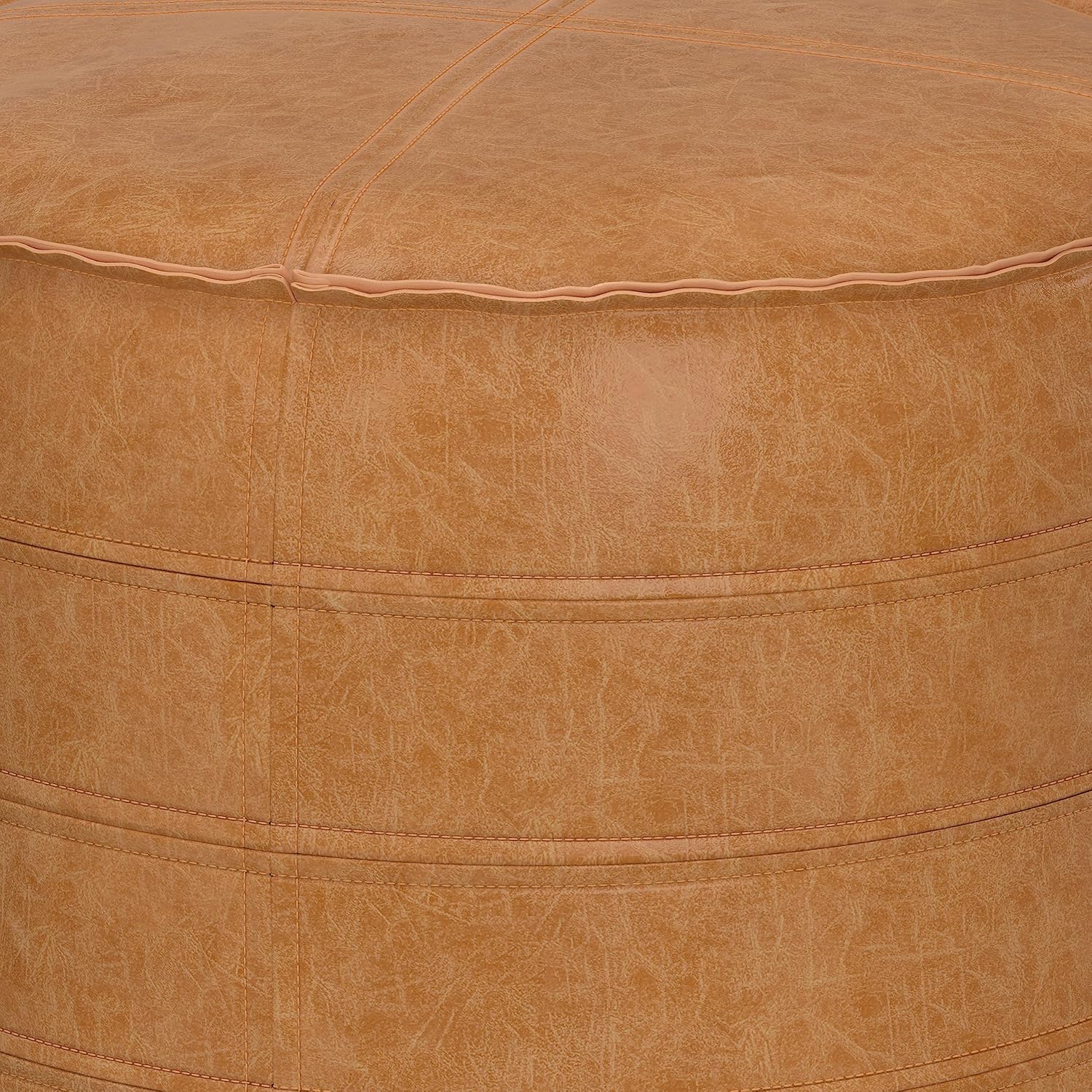 SIMPLIHOME Brody Round Pouf - 20 inch Wide Upholstered Vegan Leather Ottoman in Distressed Brown, Boho Footstool or Extra Seating for Living Room or Bedroom with Polystyrene Filling, Assembled