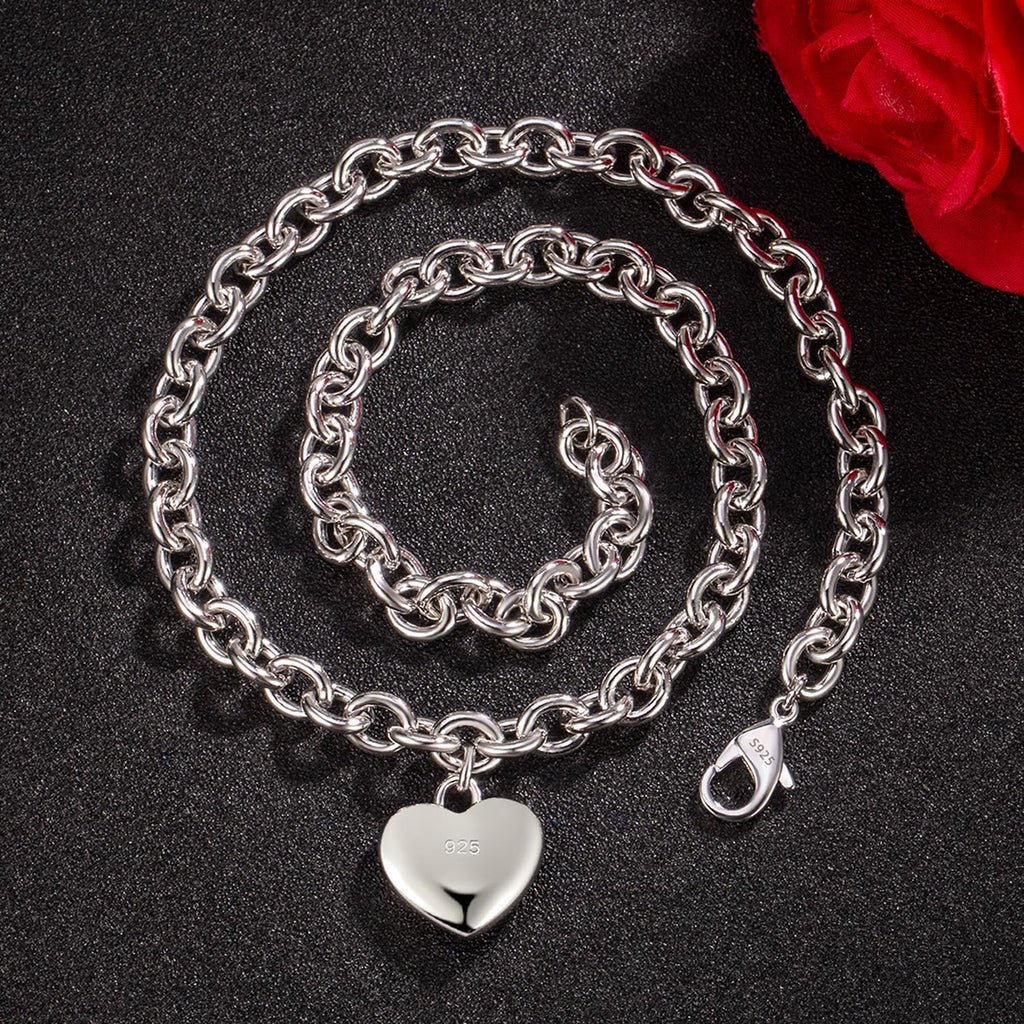Dankadi Women 925 Sterling Silver Necklace Round Cable Wire Link-Charm Heart-Bell-Square-Circle Pendant Chain Choker Fine Jewelry Gift For Wife Her (6MM Silver Heart Pendant, 18 inch)