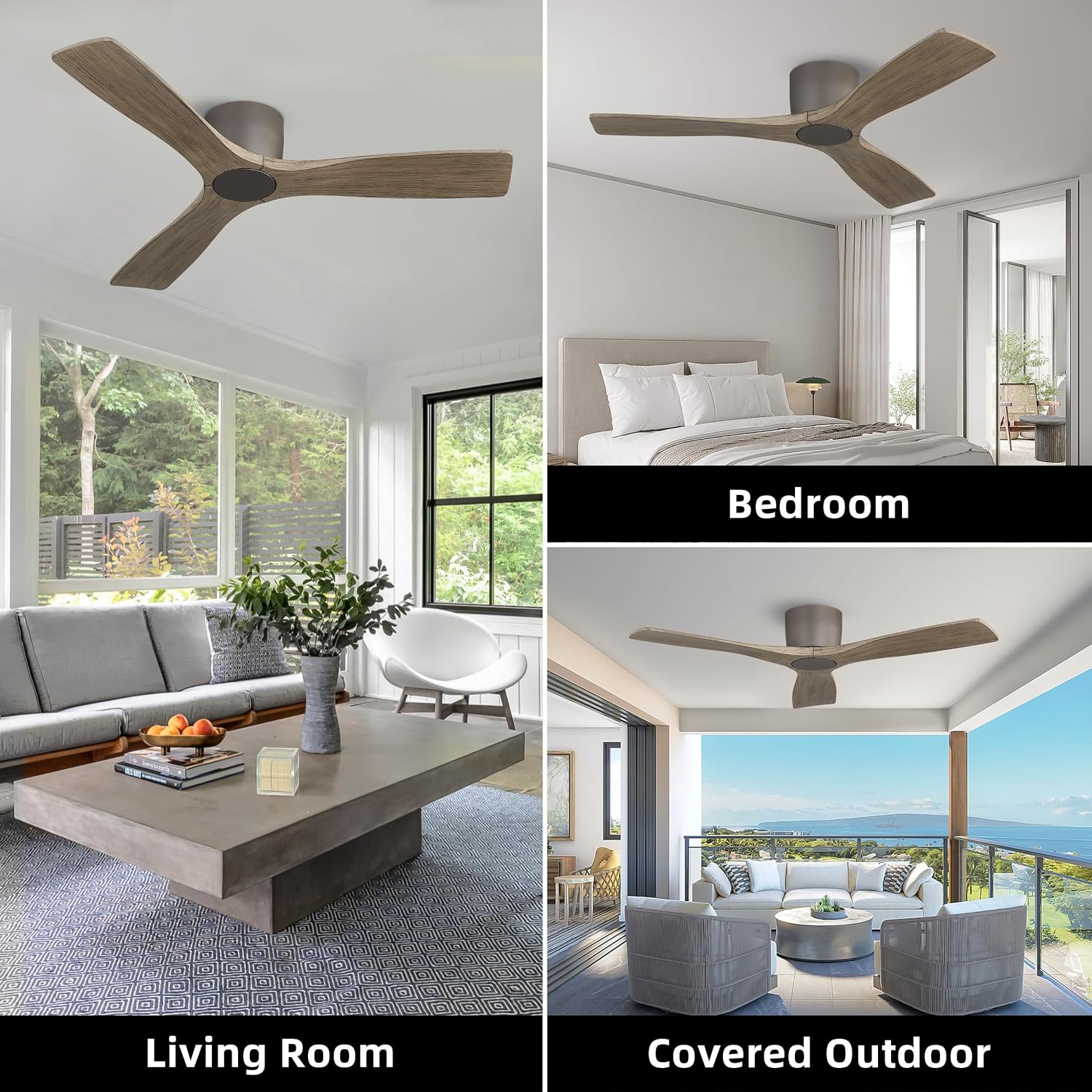 WINGBO 48 Inch Flush Mount DC Ceiling Fan without Lights, 3 Carved Wood Blades, 6-Speed Noiseless Reversible DC Motor, Hugger Ceiling Fan No Lights in Graphite Finish with Gray Blades, ETL Listed
