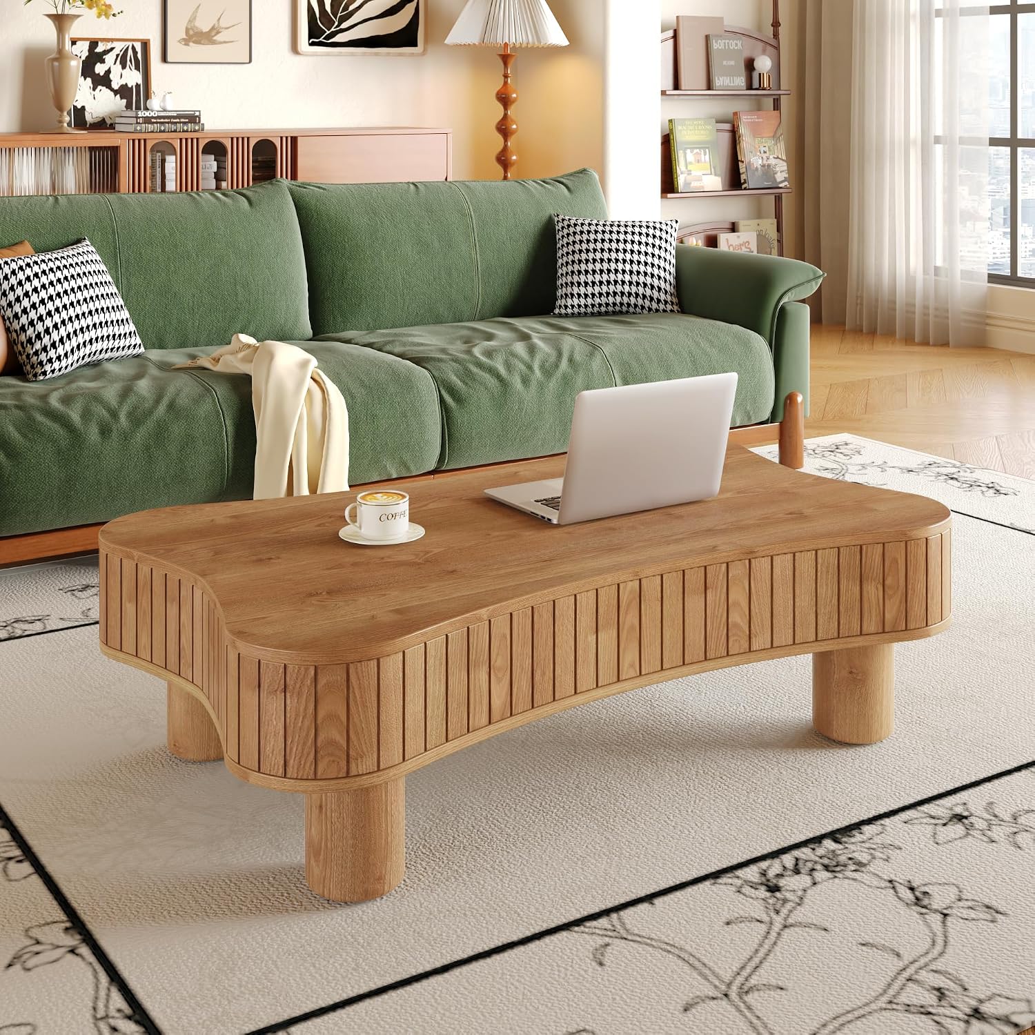 Zurnes Lift Top Coffee Table with Storage, 42' Accent Table for Living Room, Fluted Panel Hidden Storage, Silent Hydraulic Lift, Curved Corners, Easy Assembly, Light Brown