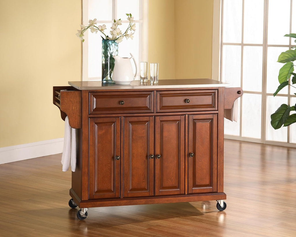 Crosley Furniture Full Size Stainless Steel Rolling Kitchen Island Storage Cart, Microwave Stand, Spice Rack, Cherry