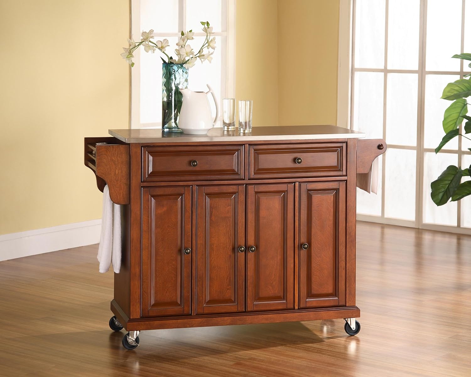 Crosley Furniture Full Size Stainless Steel Rolling Kitchen Island Storage Cart, Microwave Stand, Spice Rack, Cherry